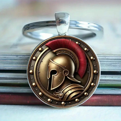 跨境新款 斯巴达战士头盔图案圆形玻璃合金吊坠钥匙扣挂件挂饰