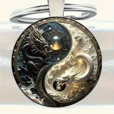 跨境新款阴阳太极黑白龙图案2D圆形玻璃合金吊坠钥匙扣挂件小礼品