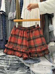 韩系松紧腰宽松百搭格子毛呢荷叶边短裤 韩国东大门2025冬季 新款