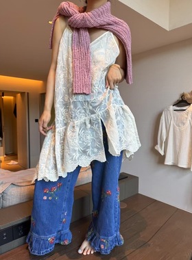 韩国东大门新款韩系ins风百搭不规则刺绣花吊带叠穿背心裙