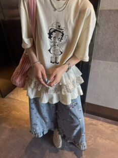 时尚 重工设计感圆领女孩印花花边T恤 新款 韩国东大门ins韩版