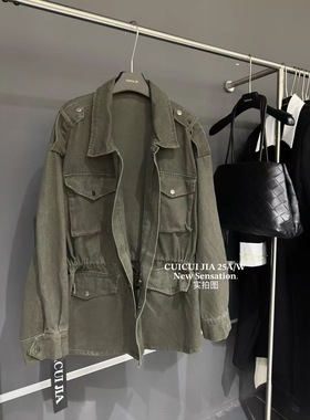 孤品捡漏韩国东大门系百搭宽松洗水牛仔布复古多口袋工装风衣外套