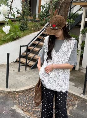 韩国东大门新款百搭V领蕾丝两件套宽松女叠穿宽松背心体恤上衣