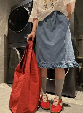 韩国东大门2026新款时尚百搭显瘦花边拼接木耳边牛仔半身裙