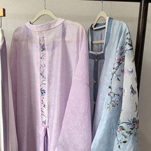 短衫 紫色 汉服定制碧落小茶绣花明制圆领对襟半袖 鸣皋堂制衣夏季