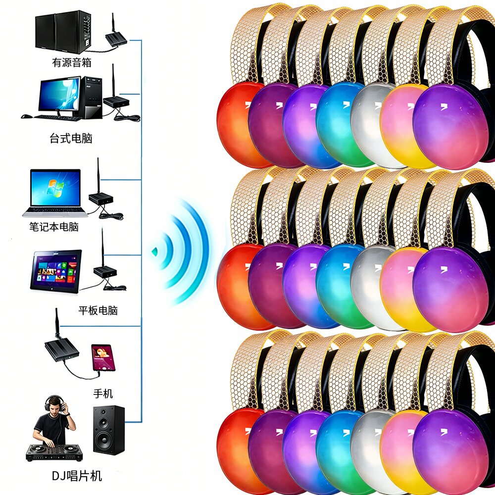 OMFOX新款Disco旅游培训讲解一拖多DJ炫酷发光无线耳机头戴式批发
