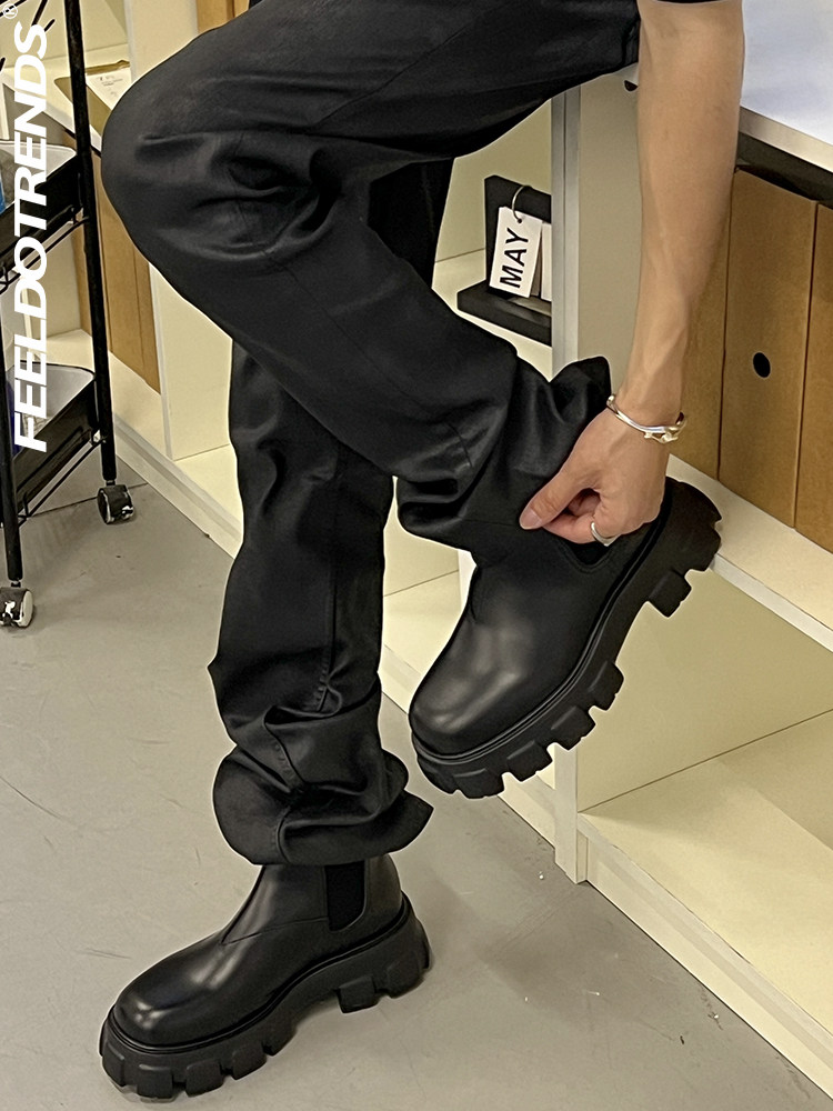 2024 NEW CHELSEA BOOTS MENS ANKLE BOOTS TIRE FLATCAKE BOTTOM HEIGHTENED ROUND TOE HIGH-TOP MARTIN BOOTS