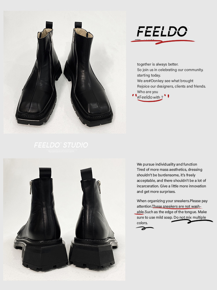 CHELSEA BOOTS MENS SQUARE TOE HIGH-TOP LEATHER SHOES BRITISH STYLE BLACK MID-TOP BOOTIES DOUBLE SIDE ZIPPER PLATFORM SOLE MARTIN BOOTS TIDE