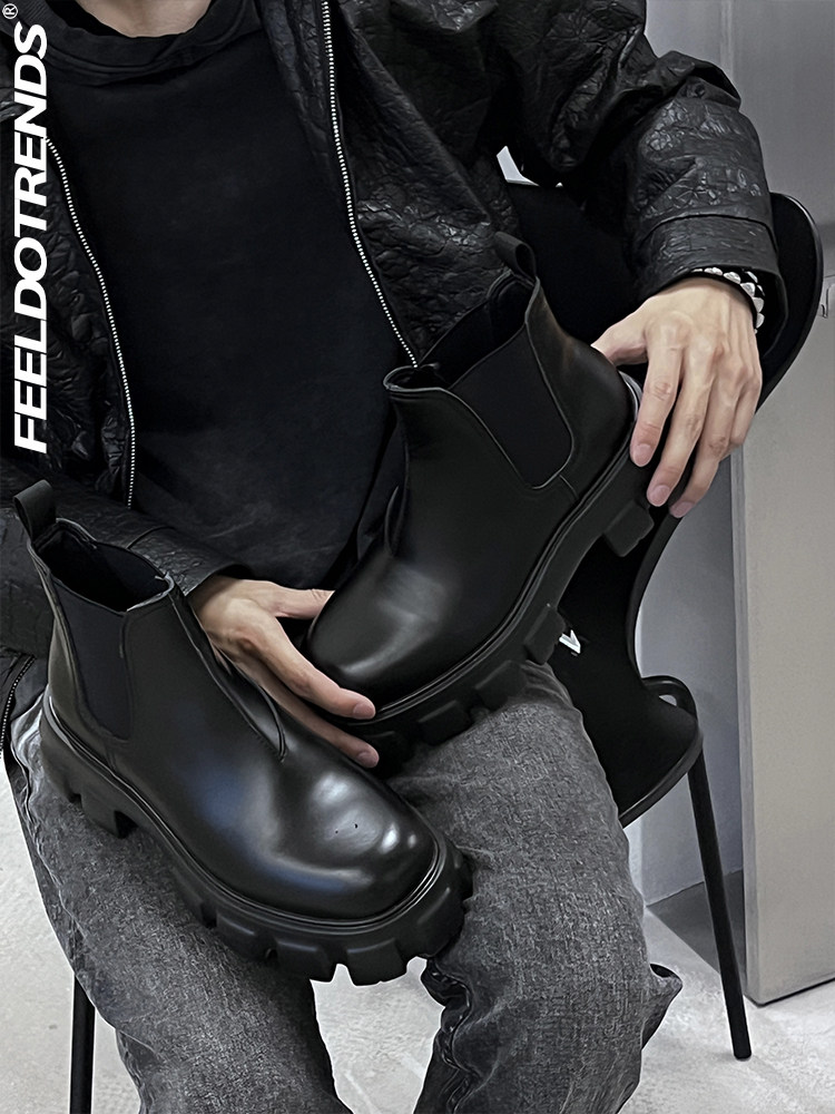 2024 NEW CHELSEA BOOTS MENS ANKLE BOOTS TIRE FLATCAKE BOTTOM HEIGHTENED ROUND TOE HIGH-TOP MARTIN BOOTS