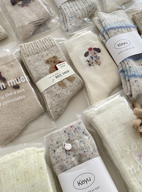 东大门羊毛袜子女中筒袜米色白色蝴蝶结条纹浅灰毛绒长袜秋冬季