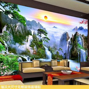 仙境石山松树墙贴云海瀑布池潭莲叶荷花红梅日出风景佛堂背景壁画