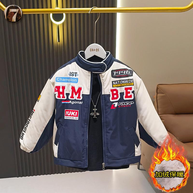 男童秋冬加绒立领外套字母刺绣