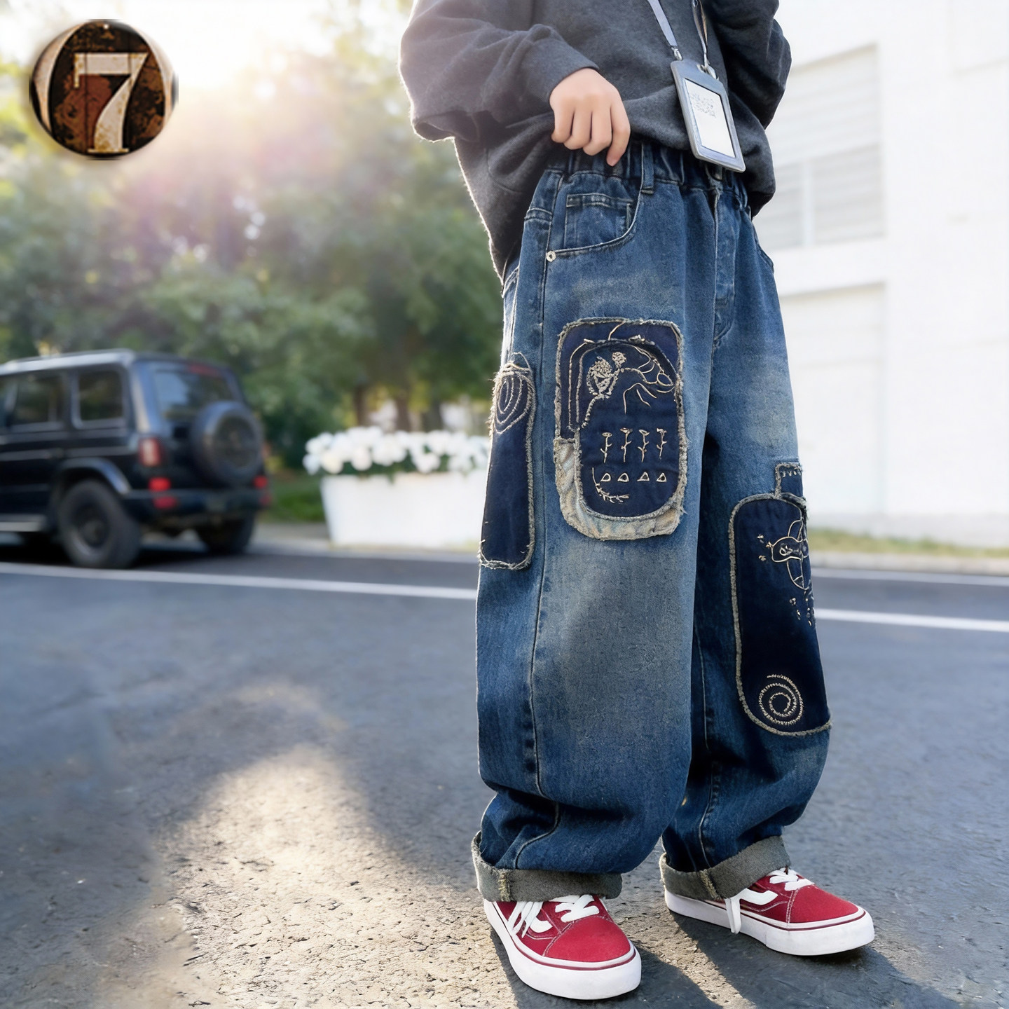 男女童补丁牛仔裤2026春秋新款韩版潮流儿童宽松刺绣直筒裤长裤潮