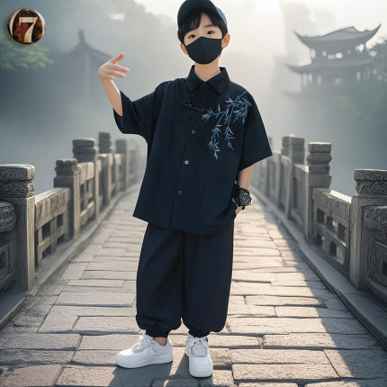 男童短袖衬衫套装夏季2026棉麻复古刺绣汉服中大童新中式国风夏装