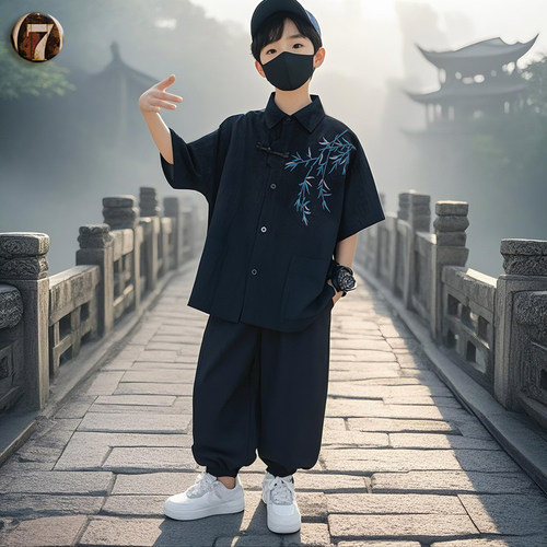男童棉麻短袖衬衫套装夏季汉服