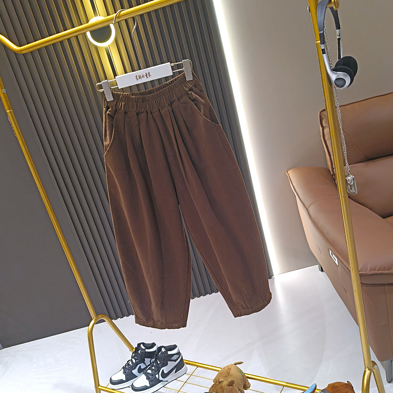 男童2025春秋新款纯色萝卜裤子简约百搭中大童哈伦裤男女童老爹裤