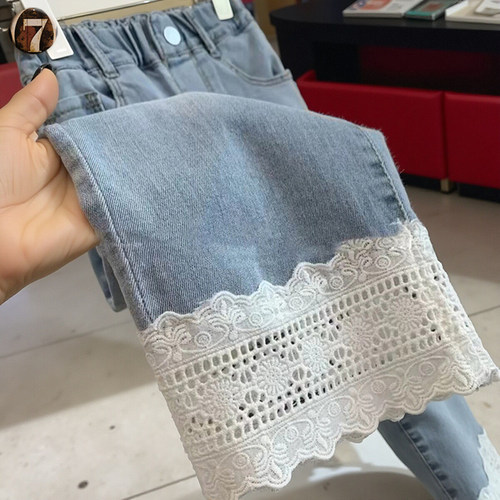 女童软牛仔直筒裤蕾丝花边裤子