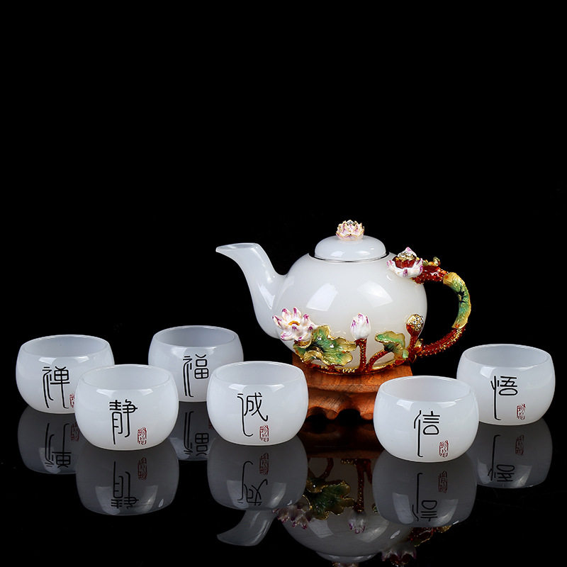 商务礼品礼盒白玉石珐琅茶具国风图片