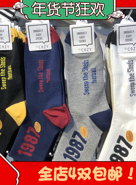 64韩国进口2026男士袜子ins1987橄榄球运动棉袜拼色中筒新款男袜