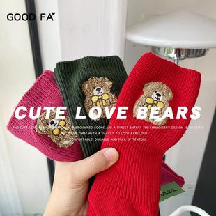911GOOD 2026年粗针棉质萌趣爱心小熊立体刺绣中筒短袜23153