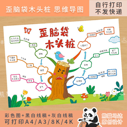 333 熊猫马达 歪脑袋木头桩思维导图童话故事二年级手抄报线稿