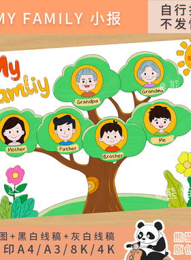 218熊猫马达 Family tree家庭树英语手抄报My famliy小报绘画线稿