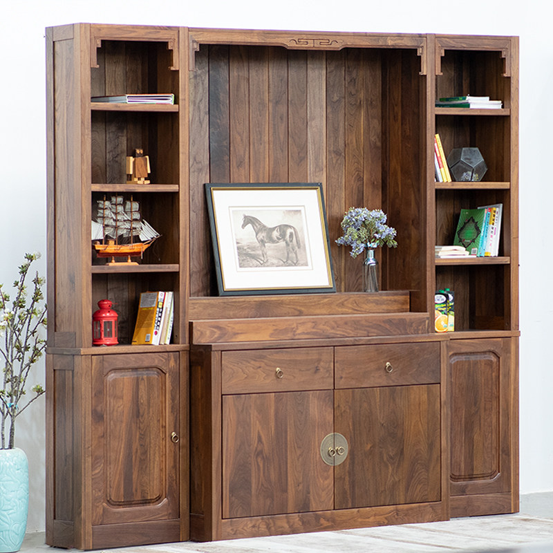 木朵朵定制原木榆木书柜现代简约新中式全实木黑胡桃木佛柜佛龛柜