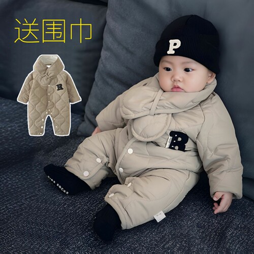婴儿秋冬衣服宝宝夹棉连体衣外出服加绒哈衣薄棉小月龄外穿爬爬服