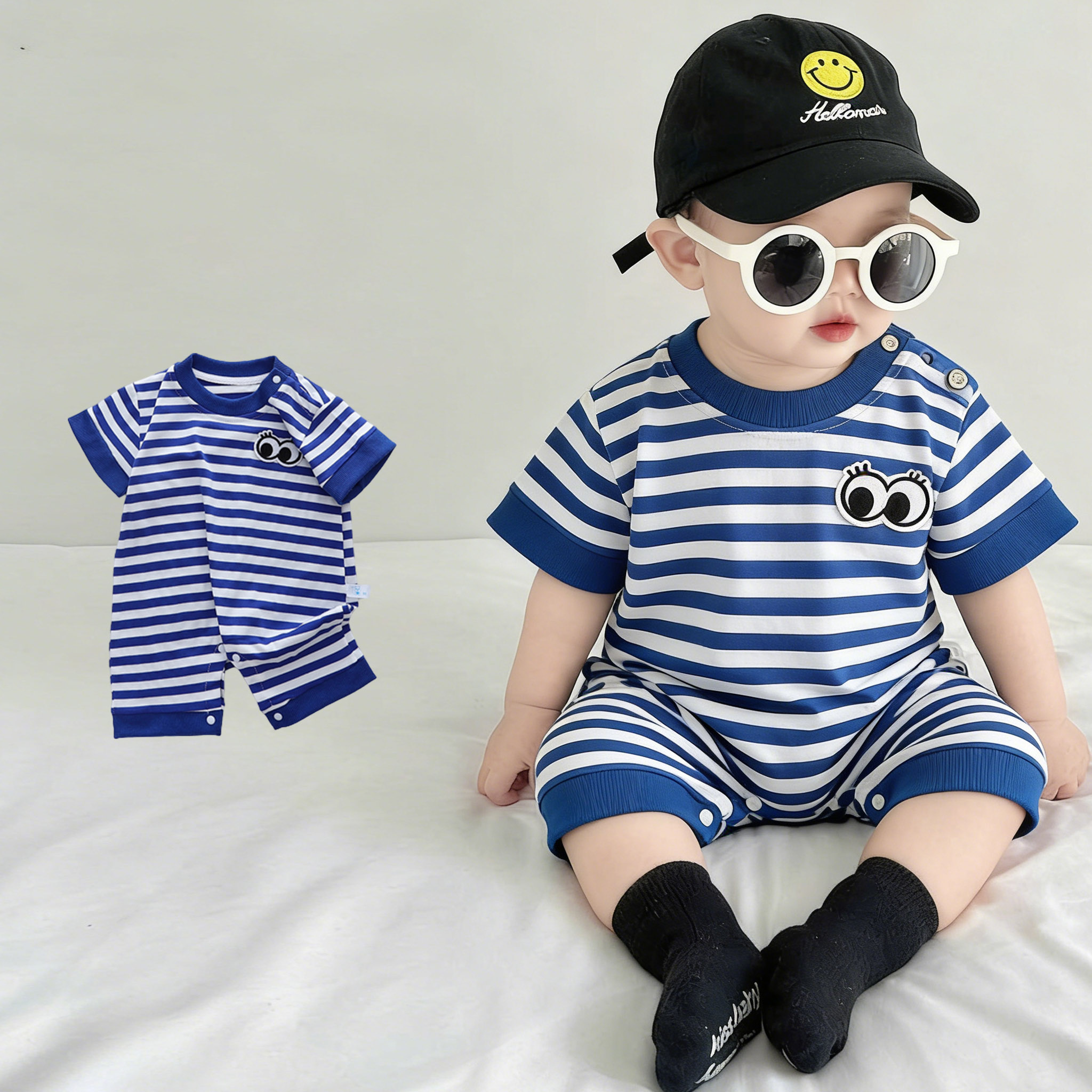 婴儿纯棉衣服宝宝短袖连体衣小月龄外出服洋气超萌套装爬服哈衣