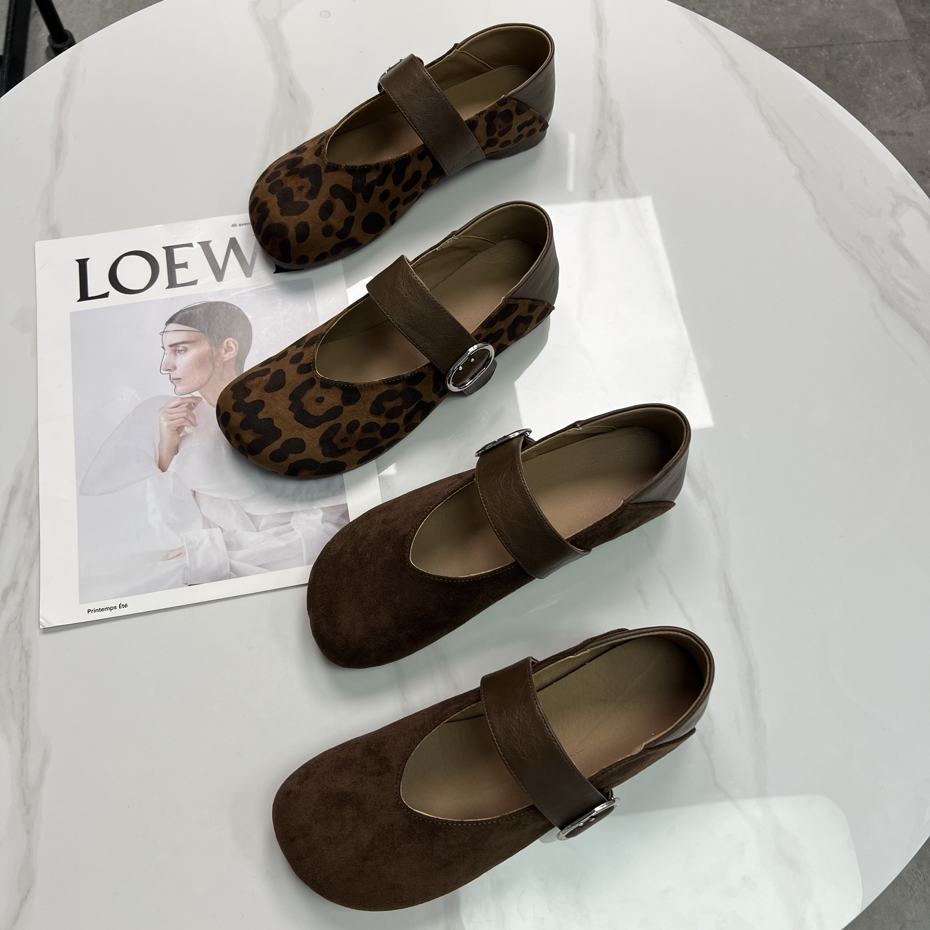 软huhu~韩版圆头绒皮一字带勃肯单鞋秋豹纹时髦玛丽珍