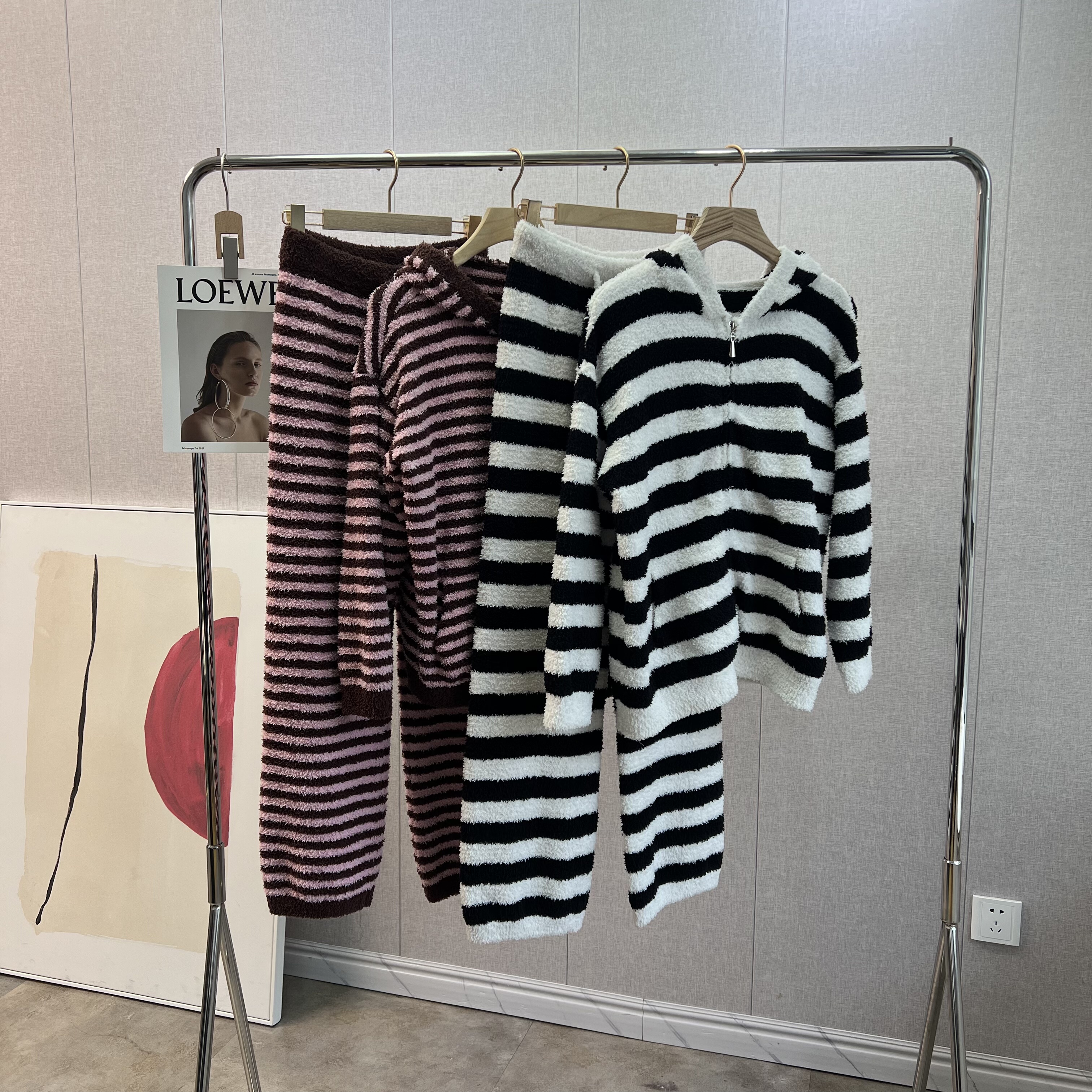 秋冬新款～条纹连帽半边绒睡衣女冬季保暖开衫家居服休闲套装