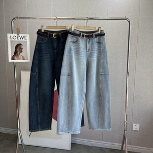 腿型适配M家~婴儿绒解构窄版阔腿加绒牛仔裤弯刀香蕉裤女秋冬