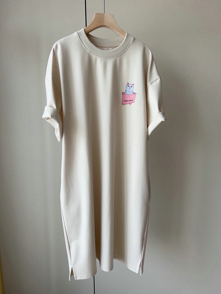 天然环保纤维细腻柔软降温凉快夏季清爽舒适卡通口袋圆领连衣裙