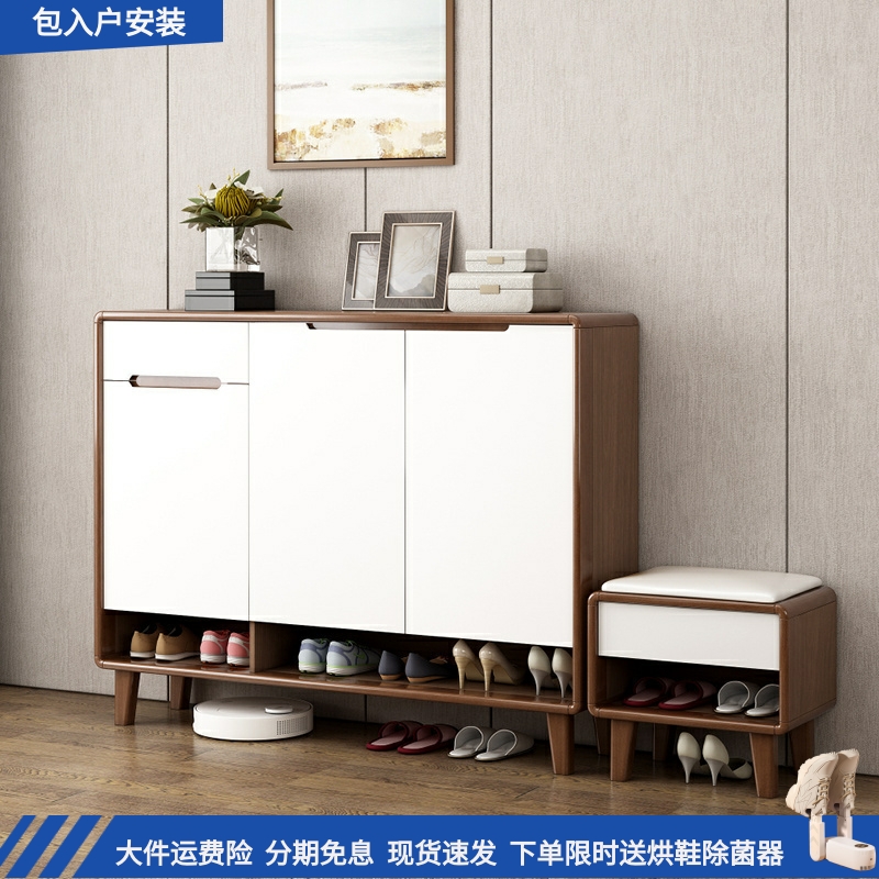 新中式入户实木鞋柜带换鞋凳玄关隔断收纳储物阳台柜家用门口鞋橱