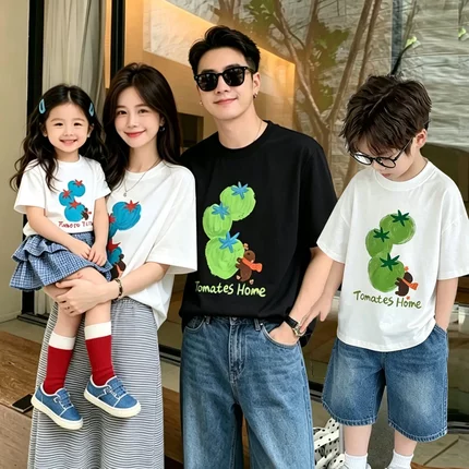 网红亲子装小月龄百天拍照服夏季T恤2026年新款母子母女炸街三口