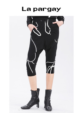 Lapargay纳帕佳新款女装黑色裤子个性时尚女裤抽象线条胶印休闲裤