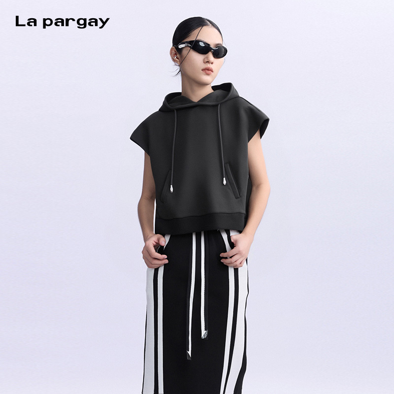 La pargay纳帕佳连帽无袖马甲2025秋季新款女士个性针织休闲上衣