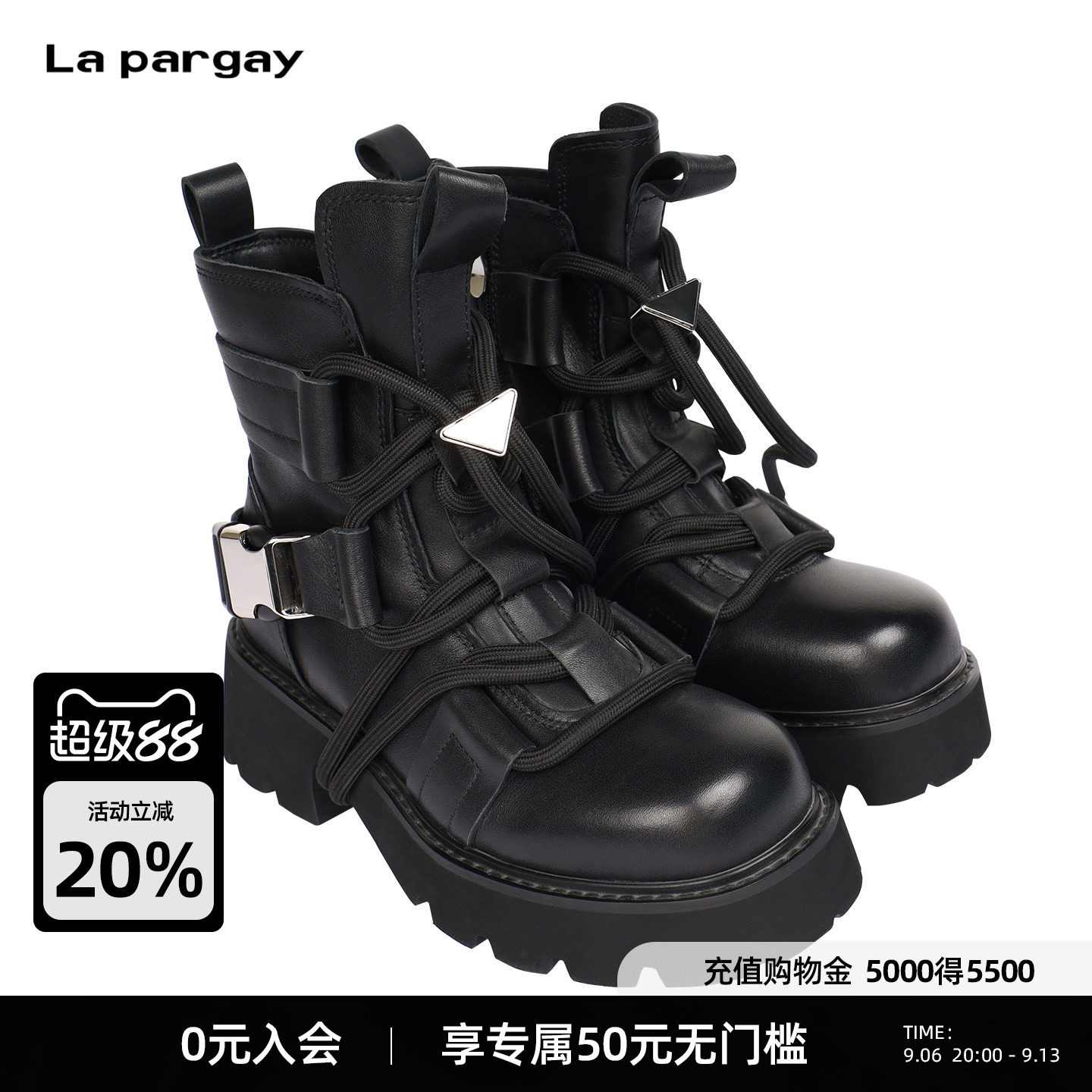 Lapargay 头层牛皮厚底机车靴 绑带金属扣侧拉链短靴 L75405003X