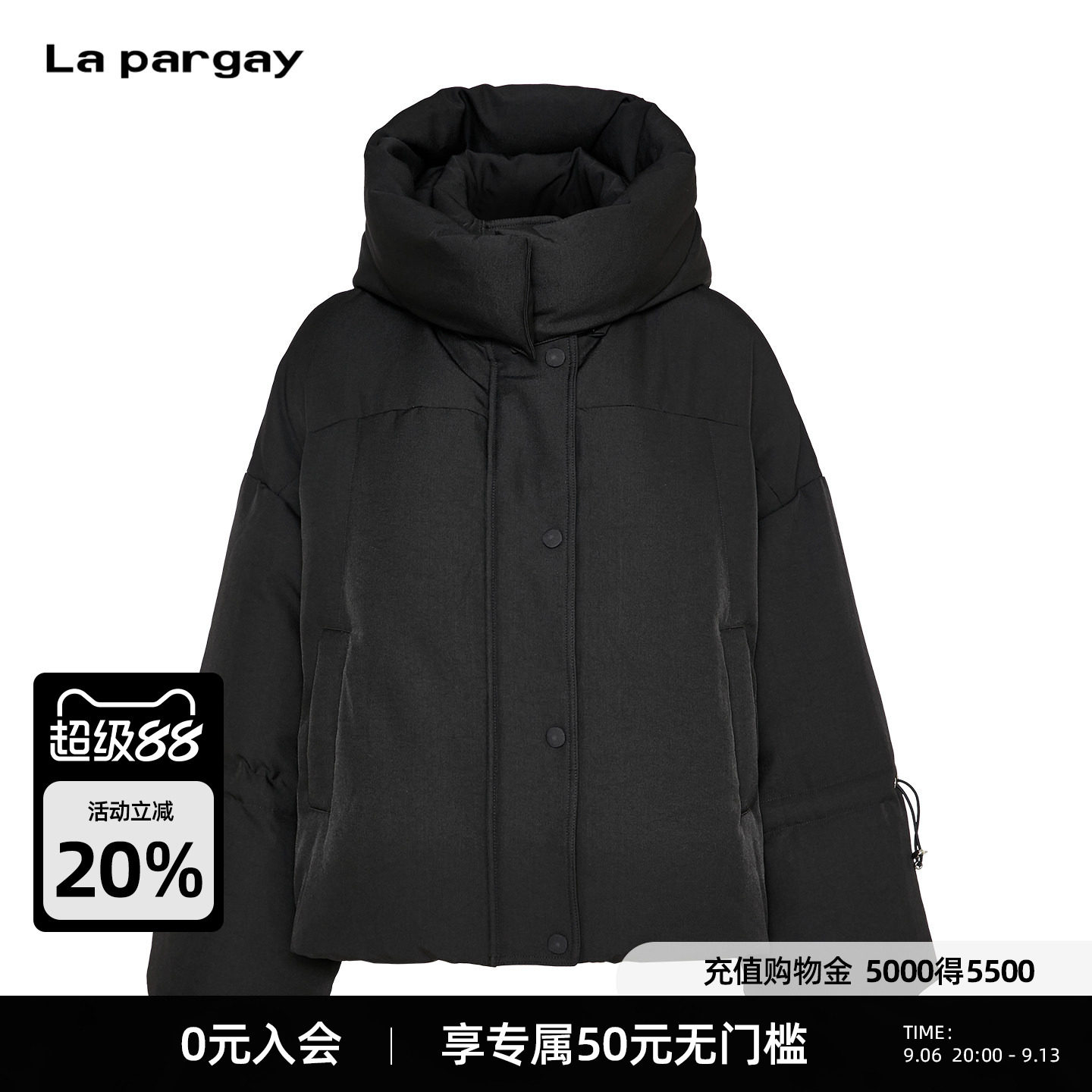 Lapargay 短款保暖羽绒服 高领连帽 宽松廓形 抽绳收袖L75401802C