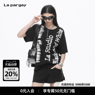 Lapargay 黑色宽松 T 恤 错位字母印花 慵懒百搭上衣 L78200216V