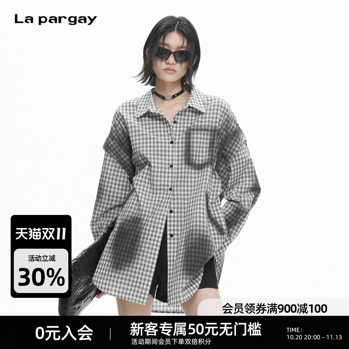 Lapargay 做旧渐变格纹衬衫 落肩宽松 街头随性穿搭 L78301004S
