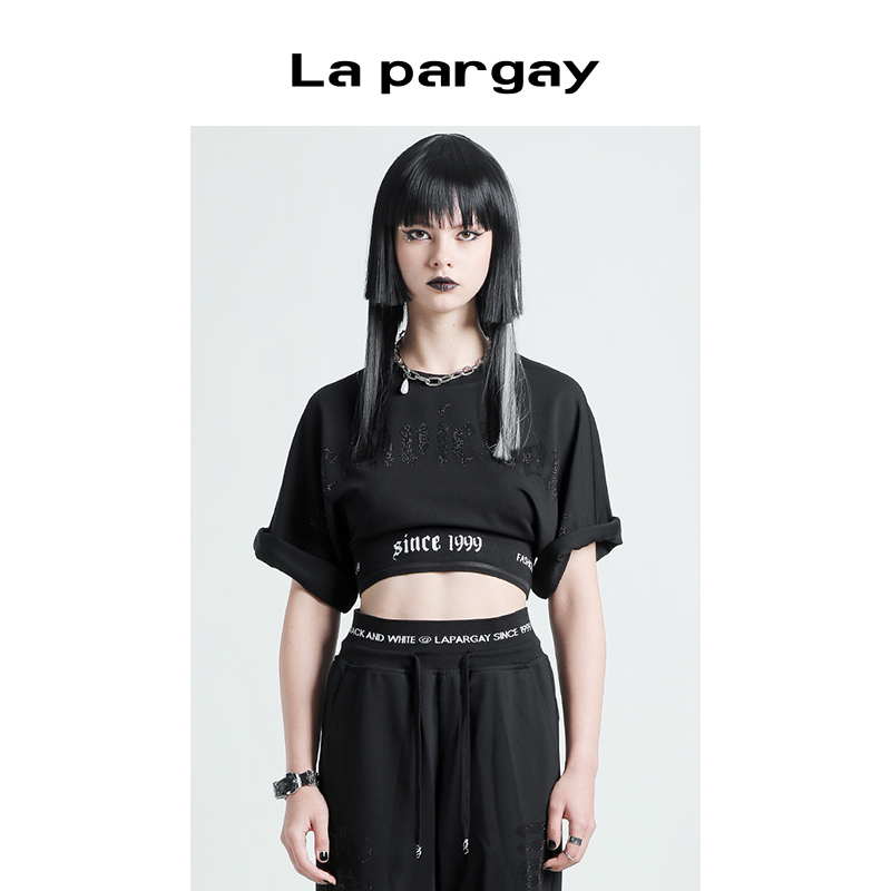 Lapargay纳帕佳2025夏新款女装黑白色上衣休闲短款五分袖圆领T恤