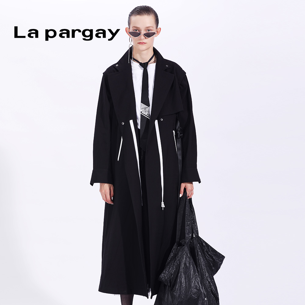 Lapargay纳帕佳新款女黑白色风衣中长款休闲大衣长袖显瘦外套