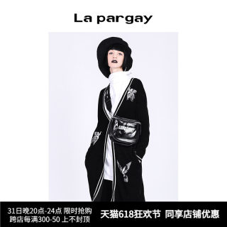 Lapargay纳帕佳秋季新款长外套时尚撞色宽松秋冬针织开衫女中长款