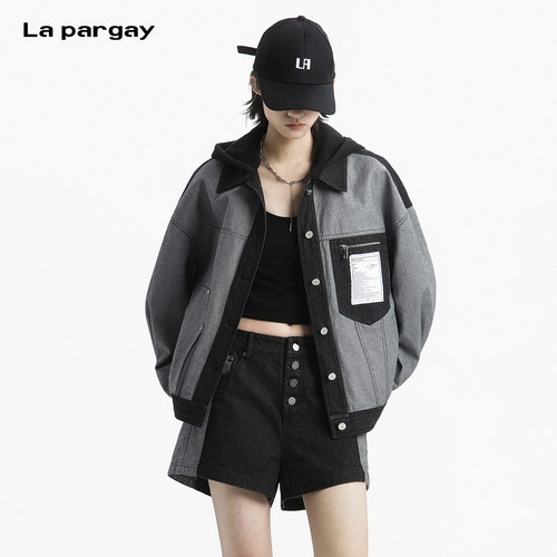 Lapargay高街牛仔短外套假两件