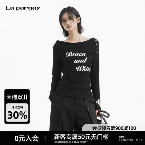 Lapargay斜肩字母印花长袖T恤