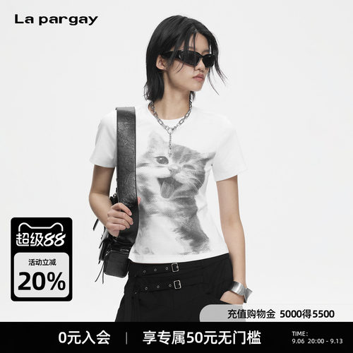Lapargay 半色调网纹图案T恤 柔软针织 修身短款 L78200208V