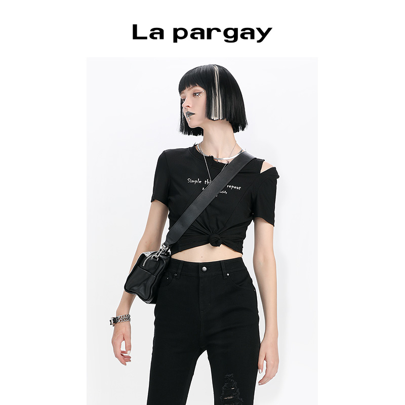 Lapargay纳帕佳夏季新款女装黑色上衣百搭休闲印花短袖圆领T恤潮