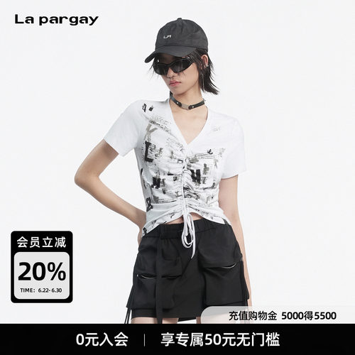 Lapargay涂鸦抽绳露腰短款T恤