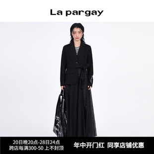 外套优雅个性 纳帕佳2024年春季 新款 黑色简约拼接网纱西装 长外套